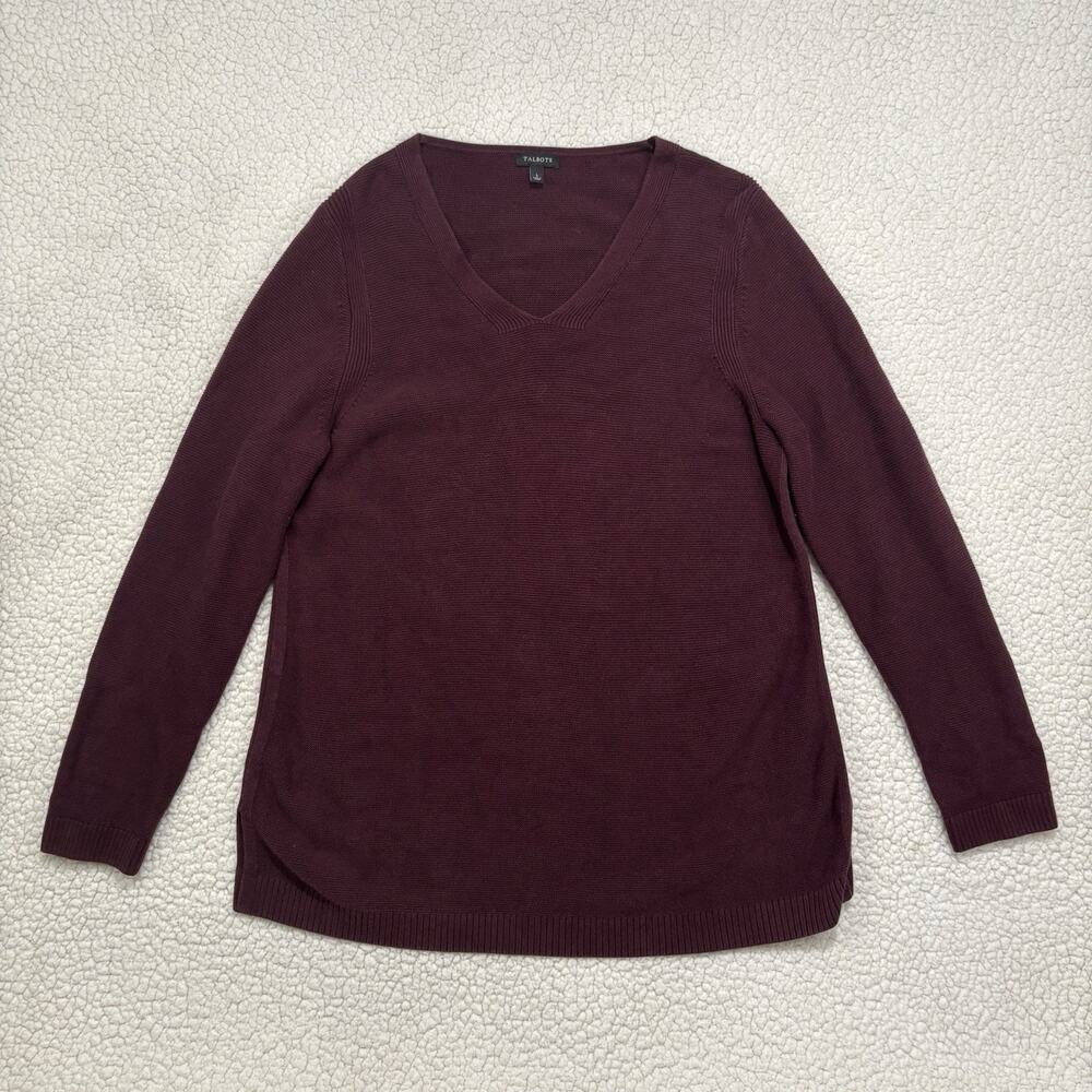 Talbots V-Neck Knit Tunic Sweater Burgundy Maroon Size Large Cotton Blend